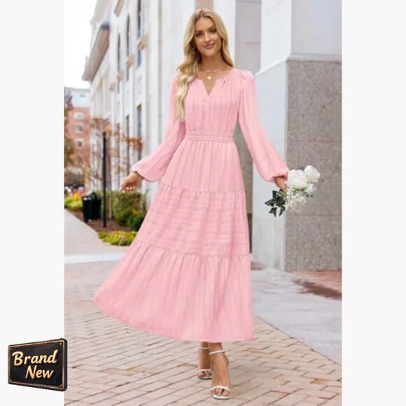 Long Sleeve V Neck Tiered Cotton Maxi Dress with Pockets - Picture 6 of 7